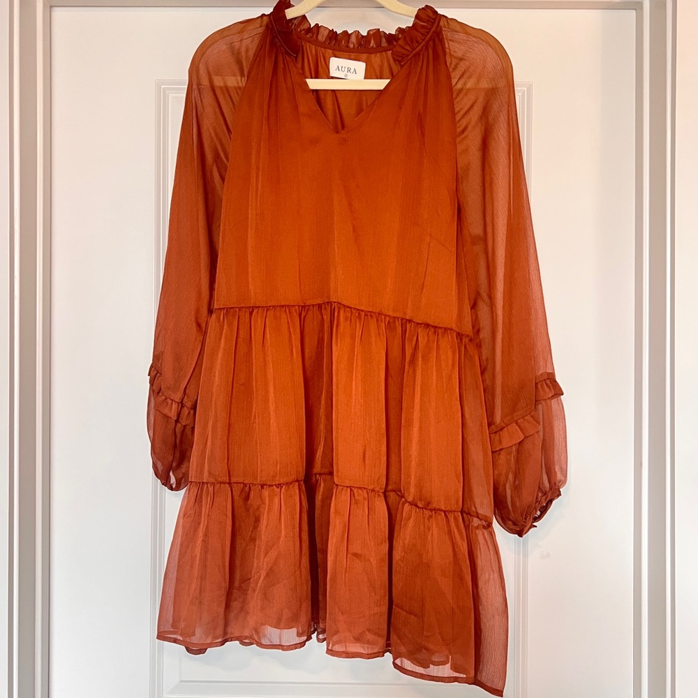 Red Dress Boutique Babydoll Dress Small Rust Brown Ruffle Tiered Sheer Sleeves